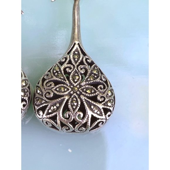 Vintage 925 Sliver Marcasite Tear Drop Dangle Earrings - Picture 11 of 14